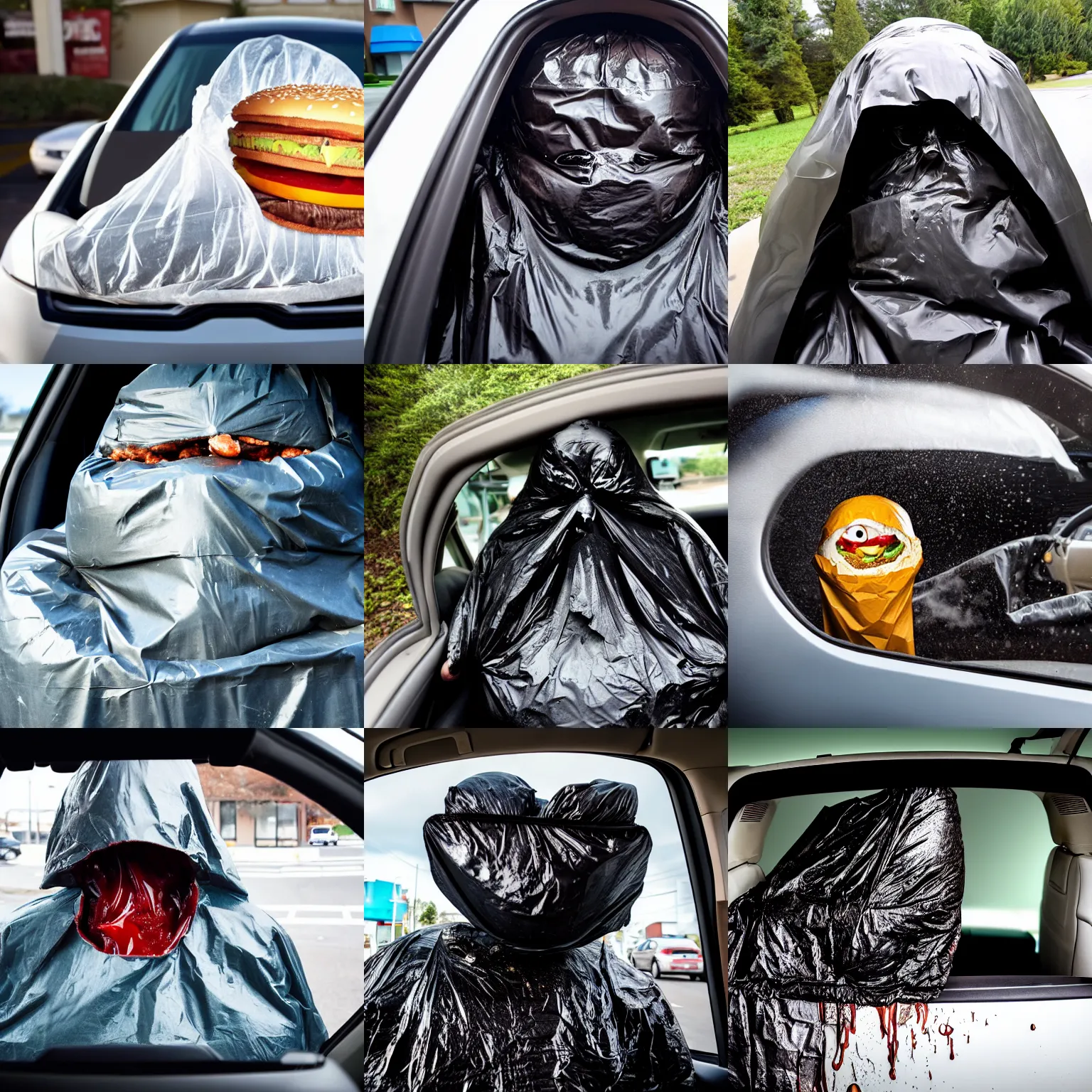 Prompt: steaming stinking garbage bag with pareidolia human face oozing goo inside car, fast food review, wide angle, specular highlights, fetid