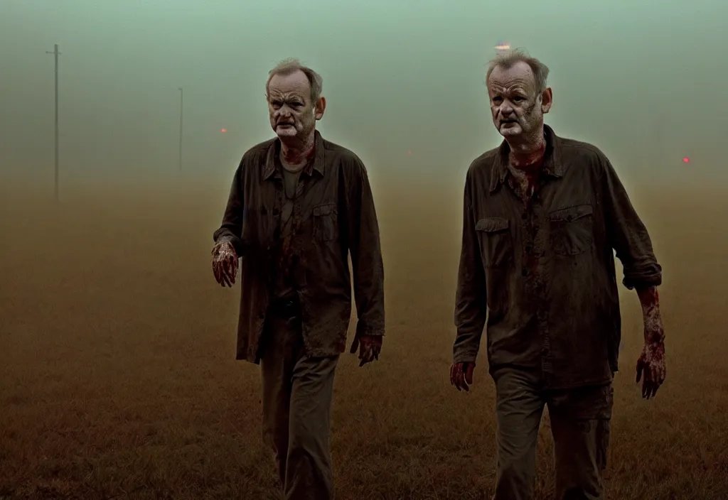 Image similar to cinematic movie still from the walking dead of bill murray as a zombie walking slowly toward the camera, misty dusk lighting, muted colours, cinematic lighting, ruined buildings,