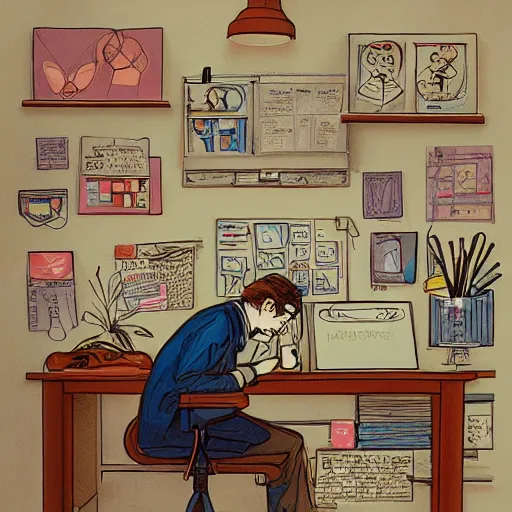 Prompt: a researcher at a desk, by james jean