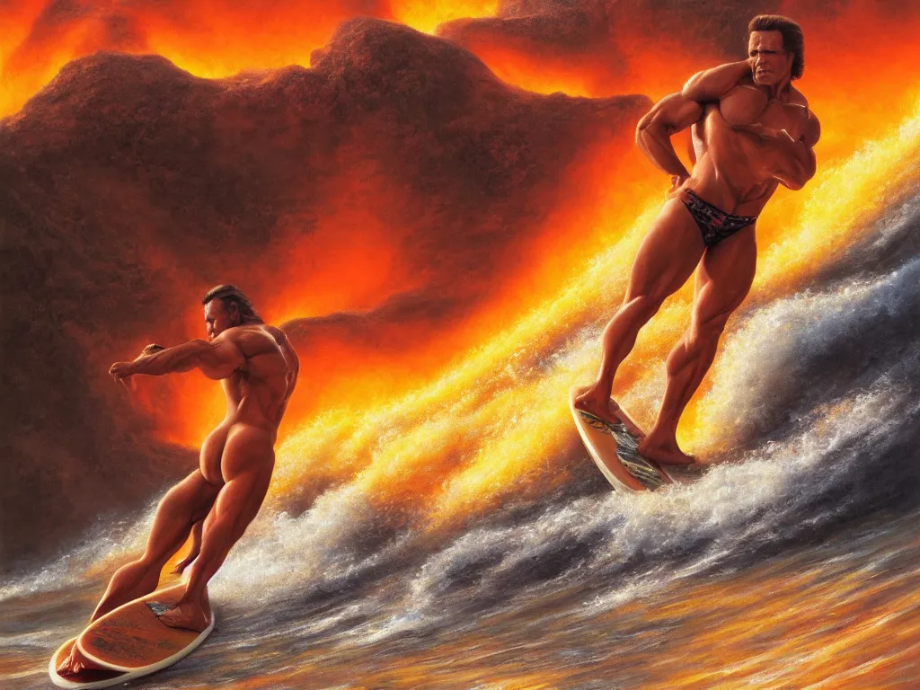 Image similar to detailed full body portrait of an arnold schwarzenegger surfing on lava wave by boris vallejo, fire lake, stunning scene, 8 k, digital painting, hyperrealism, bright colors, trending on artstation