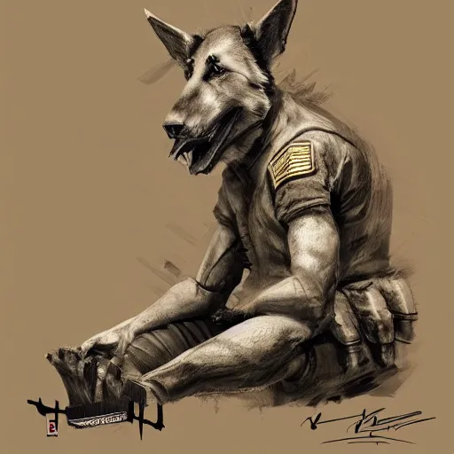 Image similar to a wounded humanoid german shepherd beast - man in military style, sitting on the carpeted floor beside a bed, highly detailed portrait, digital painting, artstation, concept art, smooth, sharp foccus ilustration, artstation