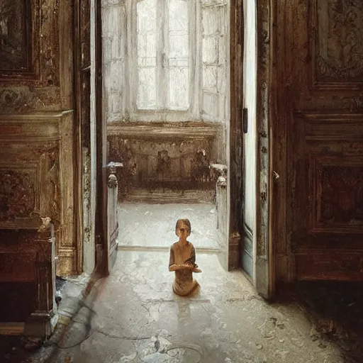 Image similar to haunted old villa, entry hall, oil painting, by Fernanda Suarez and Edgar Maxence and greg rutkowski