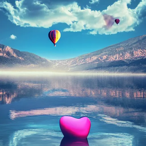 Image similar to photo of two black swans swimming in a beautiful reflective mountain lake, touching heads, forming a heart with their necks, a colorful hot air balloon is flying above the swans, hot air balloon, intricate, portrait, 8k highly professionally detailed, HDR, CGsociety, octane render, 4k