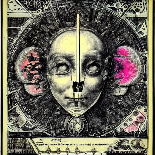 Image similar to post - punk new age album cover, asymmetrical design, frame of a dollar bank notes, capitalism, magic, apocalypse, psychedelic, black white pink, magic, giger h. r., giuseppe arcimboldo