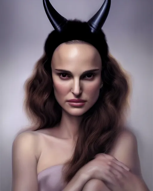 Prompt: Natalie Portman, wearing devil horns headband, very detailed portrait, ultrarealistic, dramatic lighting, electrical details, high details, 4k, 8k, best, accurate, trending on artstation, fur, artstation, photorealism, ultrarealistic, digital painting, style of Dali, Caravaggio, Boris Vallejo