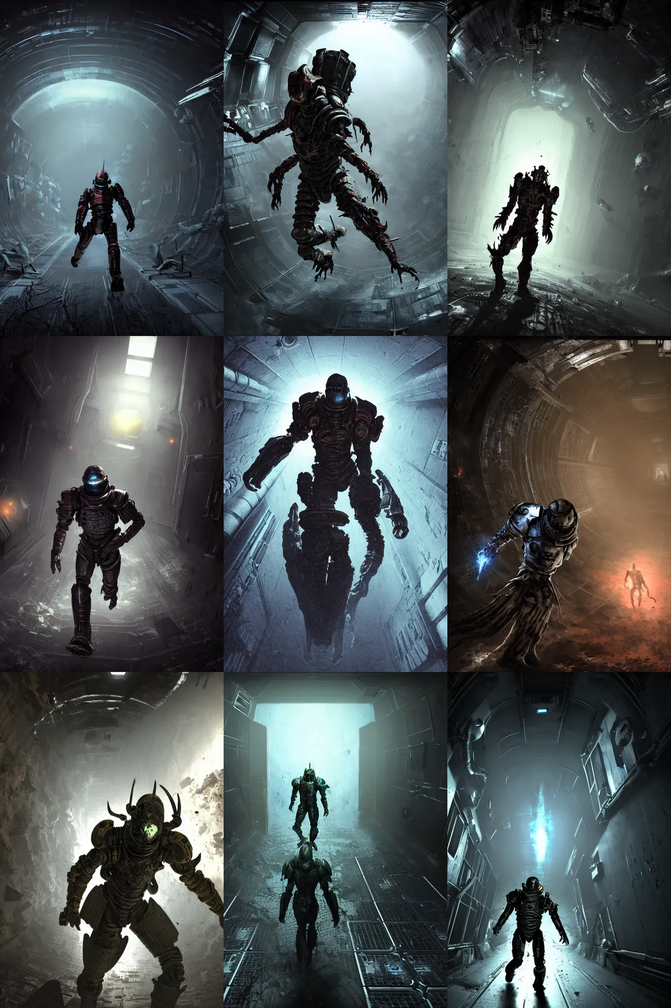 Prompt: horror movie scene of an individual in futuristic armor, being chased down a hallway, running through a deep space mining space station, rusty metal walls, broken pipes, dark colors, muted colors, tense atmosphere, mist floats in the air, amazing value control, dead space, moody colors, dramatic lighting, ussg ishimura, frank frazetta, dark souls