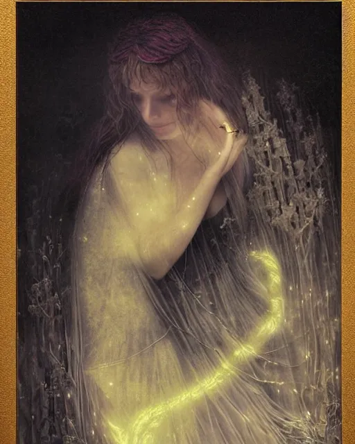 Image similar to award - winning photo of a woman with melancholy, wearing a cloak, mysterious, dark, intricate, concept art, glowy, sweet night ambient, fog, by erwin olaf, by carlos schwabe, by delphin enjolras