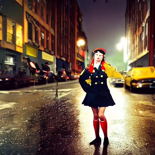 Image similar to night flash portrait photography of a high school girl in uniform on the lower east side by annie leibovitz, colorful, nighttime!, raining!