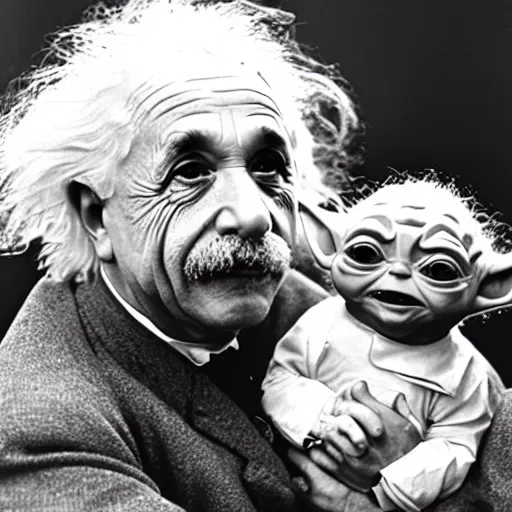 Image similar to b&w photo of Einstein holding baby Yoda on his arm