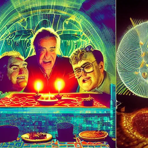 Prompt: robin williams begins the ritual, sacred symbols, red laser light contorting into sacred geometry, john candy rises out of the bbq sauce pool, desaturated, dappled gold light, holy image