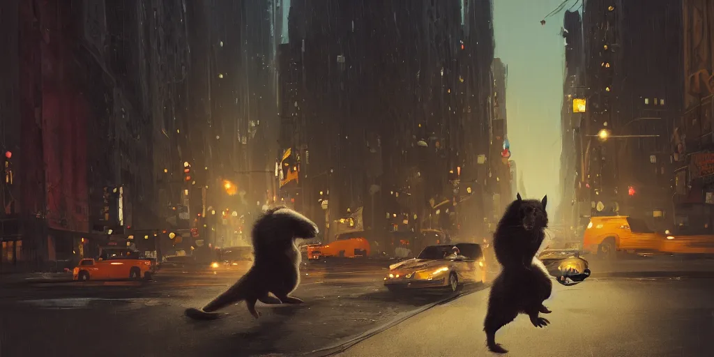 Image similar to a ferret is chasing a rabbit through the streets of new york, warm color palette, night time, dramatic lighting, noir film, fine details, high contrast, blacksad, kim jung gi, greg rutkowski, trending on artstation, 8 k, ultra wide angle