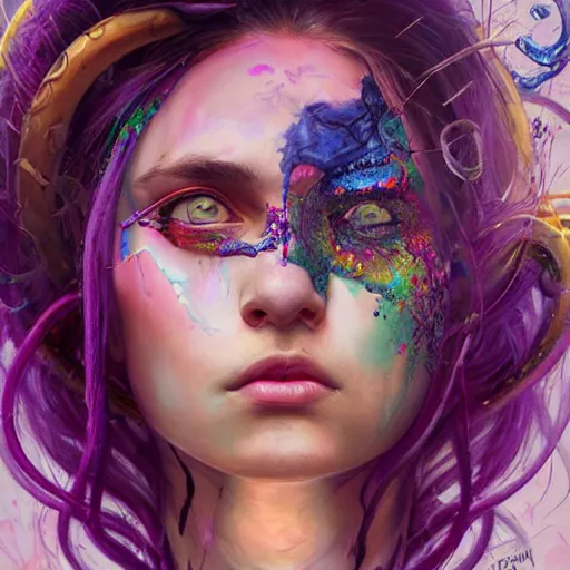 Image similar to art portrait of a furious girl with purple tentacles on her head, 8 k, by tristan eaton, stanley artgermm, tom bagshaw, greg rutkowski, carne griffiths, trending on deviantart, face enhance, hyper detailed, full of colour,