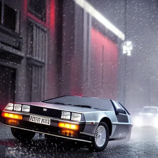 Image similar to hyperdetailed, photorealistic photograph of a dmc 1 2 delorean driving in the streets, rain, night, dense fog, hd, unreal engine 5