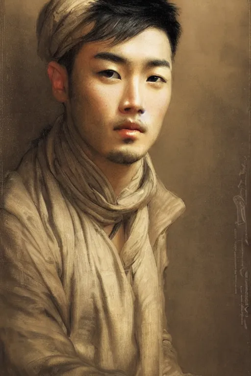 Prompt: attractive asian male, steampunk, cool tint, orientalist intricate portrait by john william waterhouse and edwin longsden long and theodore ralli and nasreddine dinet, hyper realism, dramatic lighting