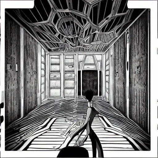 Image similar to “the inside of a huge white building with with many doors and stairs, confusing, creepy, doors, strange dimensions, anime style, detailed background, by Junji Ito”