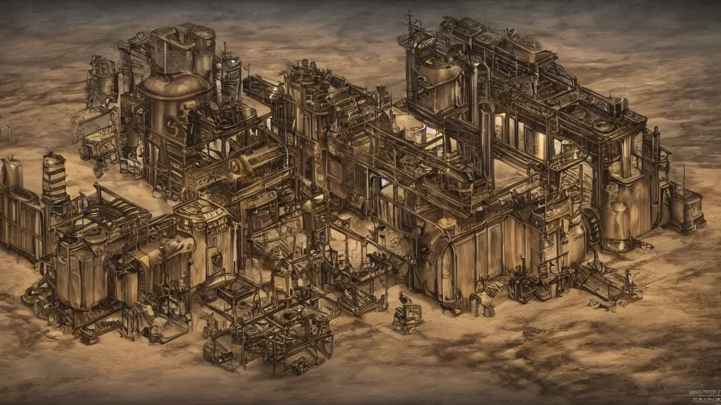 Prompt: a factory in a desert. steampunk style