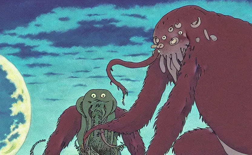 Prompt: a still from a studio ghibli movie of a cartoon cthulhu slicing open king kong from princess mononoke ( 1 9 9 7 ), in front of a pale full moon, full body, wide shot, very dull muted colors, studio ghibli, highly detailed, deviantart, art by artgem