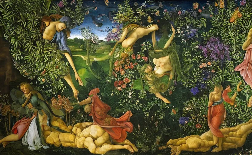 Image similar to mural depicting a lush floral oasis in a beautiful alien world, sci fi world, fantasy world, in the style of sandro botticelli, caravaggio, albrecth durer