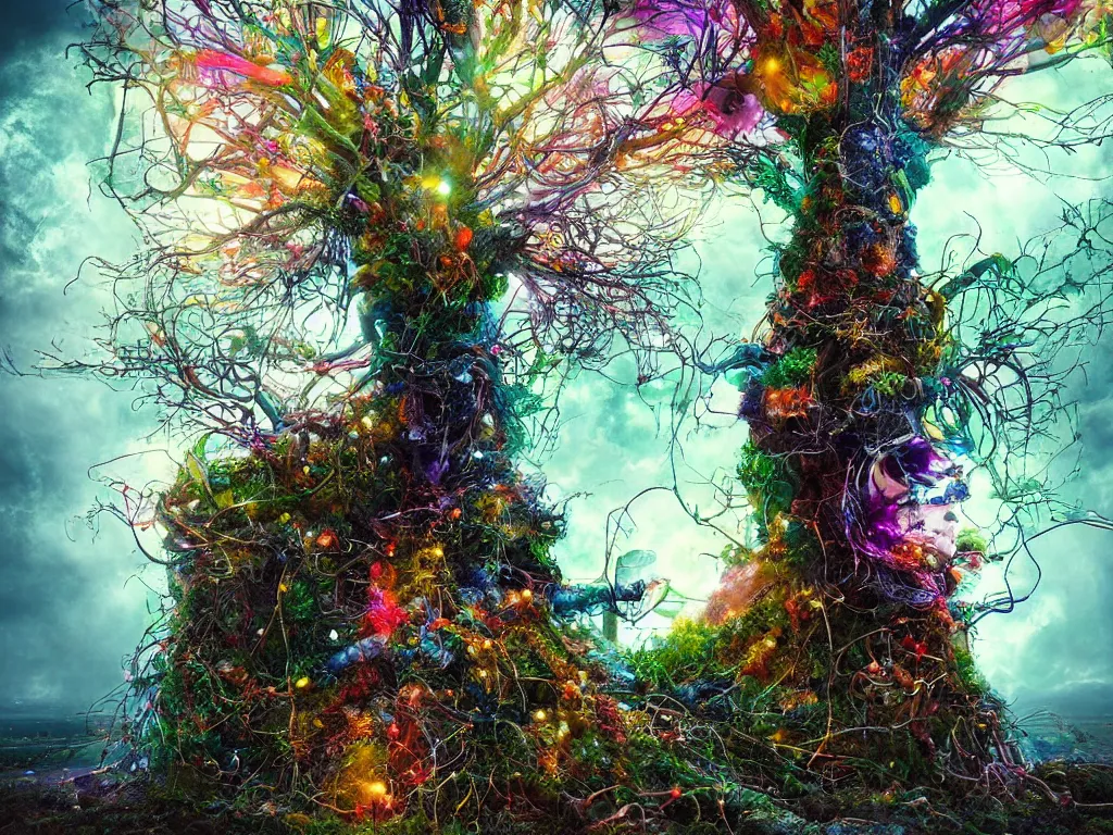 Prompt: a artistic multicolor zoom out picture with singular cyborg -tree with crown like mycelium circuit branches highly detailed, industrial pipes, gears, and cyberpunk lighting by Alberto Seveso, by Alessio Albi, by Albert Bierstadt and by Agnes Lawrence Pelton