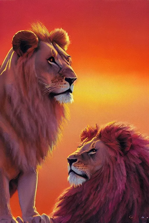 Image similar to spiritual twin flame lioness and lion art pink sunset hue highly detailed oil painting hue by craig mullins