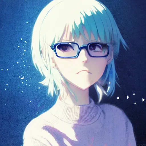 Prompt: anime cute girl in blue sweater white white pale hair black glasses eyes standing psychedelic background by greg rutkowski makoto shinkai kyoto animation key art feminine mid shot