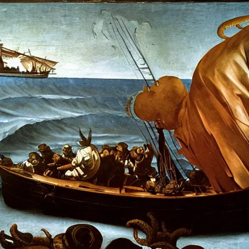 Prompt: Kraken pulling steam boat into the sea. painted by caravaggio. High quality.