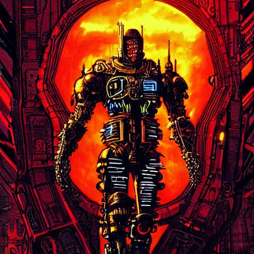 Prompt: cyberpunk knight, upper body, atmospheric lighting, painted, intricate, golden hour, ultra detailed by philippe druillet