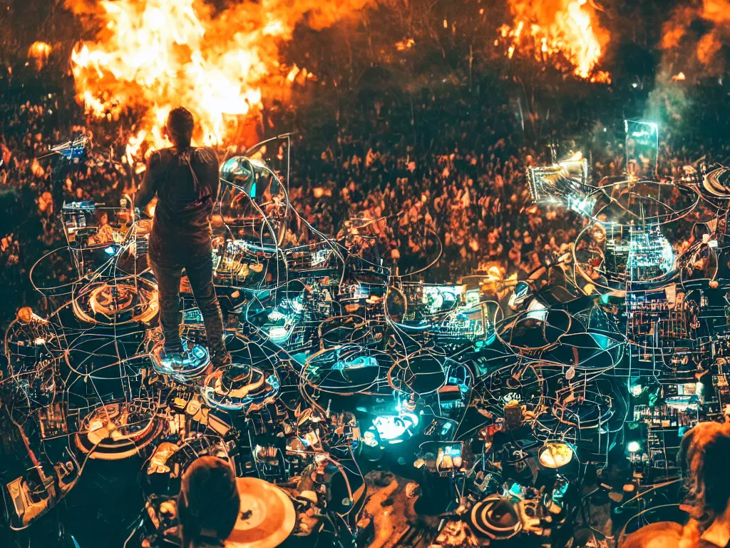 Image similar to a cyborg dj is playing a vast array of highly evolved musical technology on a stage surrounded by an incredible and complex circular robotic structure playing highly evolved music overlooking a crowd at a forest festival lit by fire