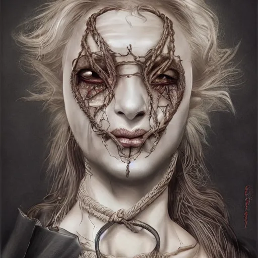 Image similar to portrait of a Shibari rope wrapped face and neck, headshot, insanely nice professional hair style, dramatic hair color, digital painting, of a old 15th century, old cyborg merchant, amber jewels, baroque, ornate clothing, scifi, realistic, hyper detailed, chiaroscuro, concept art, art by Franz Hals and Jon Foster and Ayami Kojima and Amano and Karol Bak,