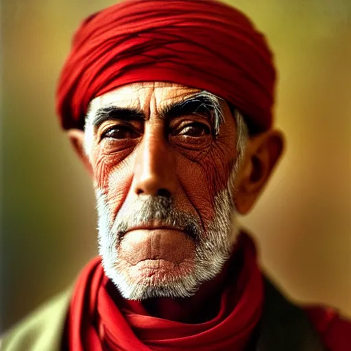 Image similar to portrait of president woodrow wilson as afghan man, green eyes and red scarf looking intently, photograph by steve mccurry