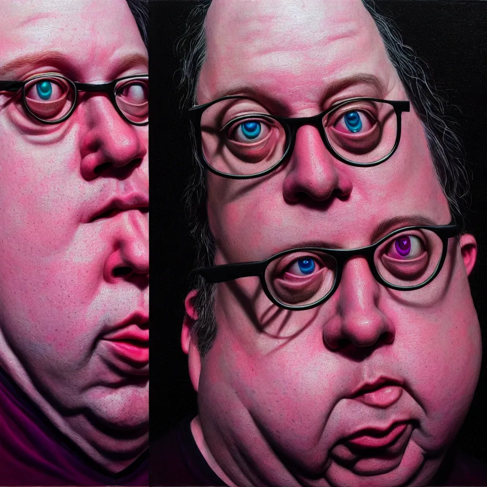 Image similar to bright realistic todd solondz turning into bill hicks, diffuse lighting, fantasy, intricate, elegant, highly detailed, lifelike, photorealistic, digital painting, artstation, illustration, concept art, smooth, sharp focus, art by francis bacon