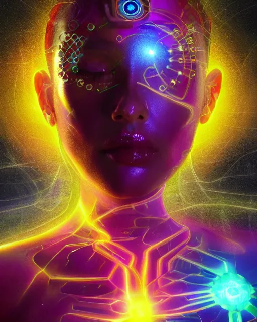 Image similar to a powerful energy psychedelic matrix woman, by alexander fedosav, hyper detailed digital matte painting, concept art, hyperrealism, 1 6 k resolution, cinema 4 d, 8 k resolution, trending on artstation, behance hd, a masterpiece, by stephan martiniere, particles, cel - shaded, power bright neon energy, by david a. hardy,