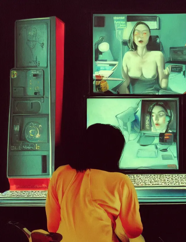 Image similar to woman playing computer games on tv in dark room, redshift, wide shot, coloured polaroid photograph, pastel, kodak film, hyper real, stunning moody cinematography, by maripol, fallen angels by wong kar - wai, style of suspiria and neon demon, david hockney, detailed, oil on canvas