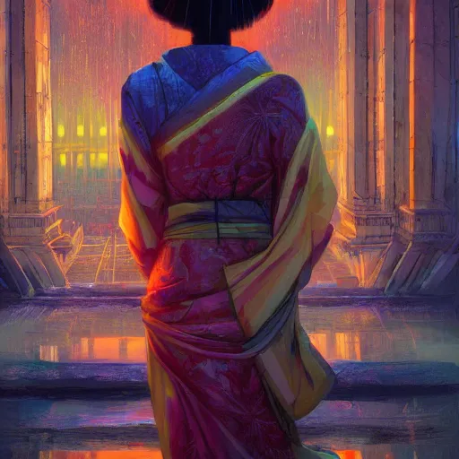Image similar to portrait of geisha, atmospheric lighting, painted, intricate, volumetric lighting, beautiful, rich deep colours masterpiece, sharp focus, ultra detailed, in the style of Dan Mumford and marc simonetti, futuristic temple in the background,