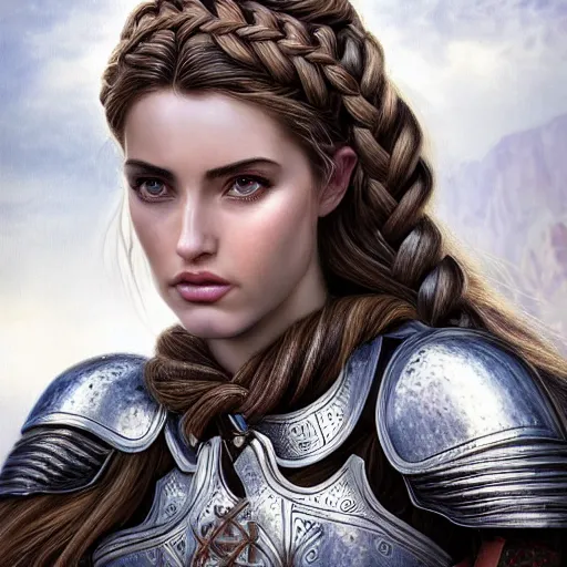 Prompt: head and shoulders portrait of a female knight, ana de armas, breastplate, celtic braid, by artgerm, face detail, extremely detailed, vogue fashion photo
