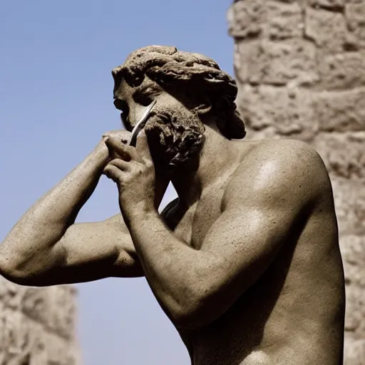 Prompt: a greek statue smoking a blunt