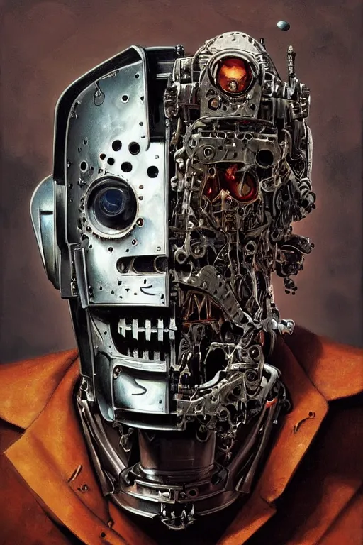 Prompt: realistic vibrant ultra clear sideview waist up portrait of mysterious ai cyborg!!! leatherface texas chainsaw massacre robot by marc simonetti mike mignola jeff easley peter elson rene magritte, embellishments by maria sibylla merian, symmetry face, baroque, gothic, surreal, highly detailed, intricate complexity, epic composition, masterpiece award winning artstation