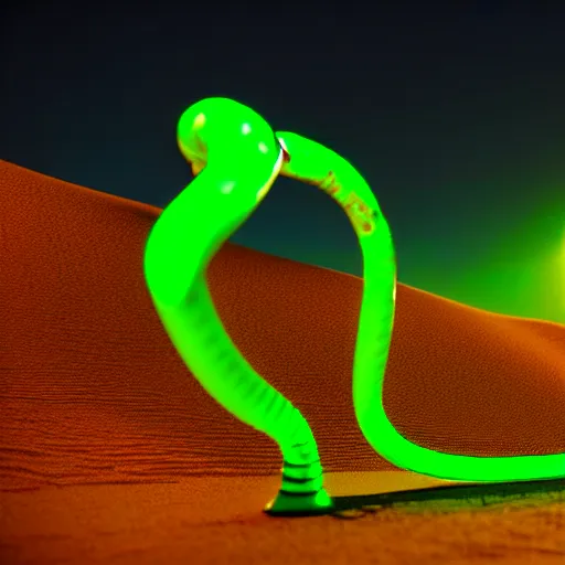 Image similar to a robot snake with glowing green light in the desert, octane render, 3D, accurate