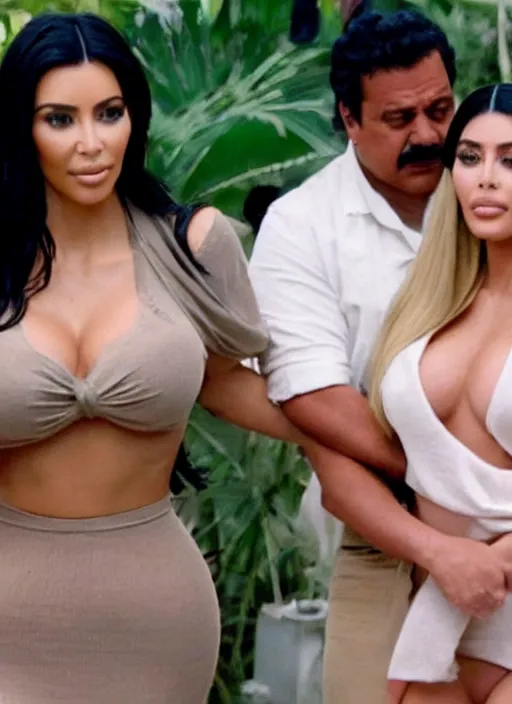 Prompt: film still of kim kardashian & kylie Jenner hugging Pablo Escobar, Pablos hands on their waists, rear shit, behind pov, abandoned building
