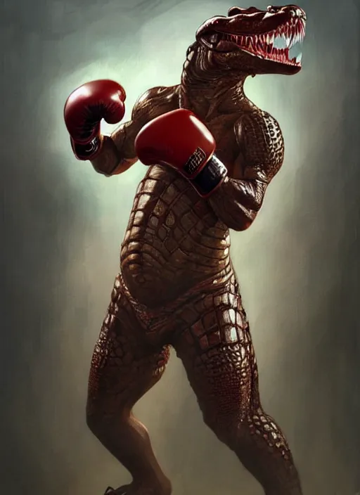 Image similar to portrait of aggressive humanoid crocodile wearing boxing gloves, d & d, muscular! fantasy, intricate, elegant, highly detailed, digital painting, artstation, concept art, smooth, sharp focus, illustration, art by artgerm and greg rutkowski and alphonse mucha