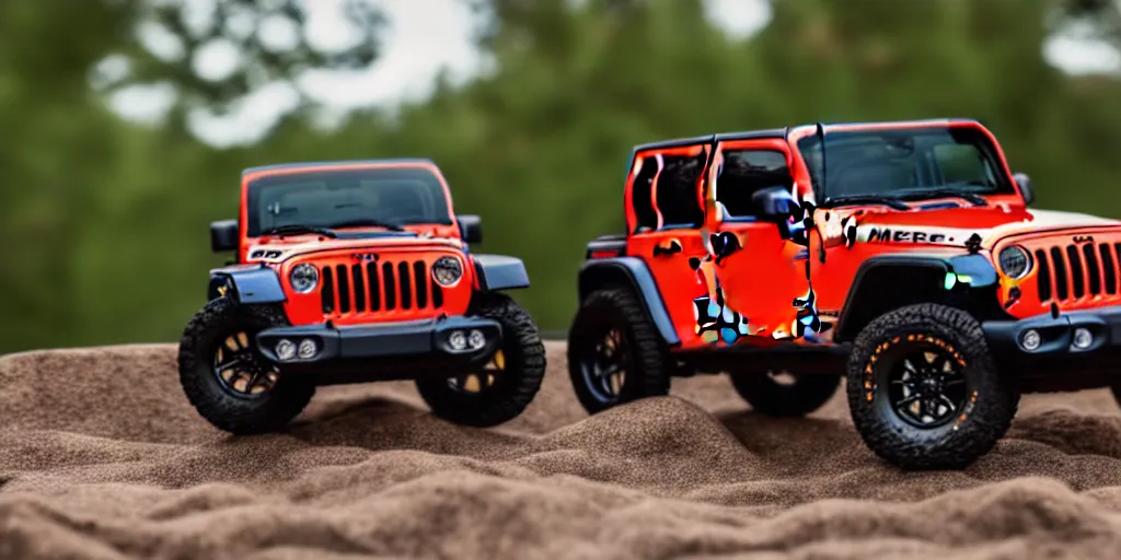 Image similar to Hot Wheels, Jeep Wrangler JKU, cinematic, Maxxis, 8k, depth of field, bokeh.