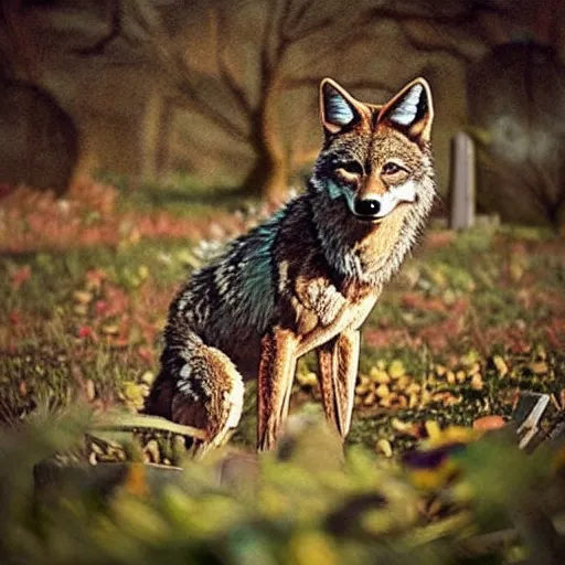 Image similar to “ skinwalkers shapeshifting into coyotes in graveyard cemetery, hyperrealistic ”