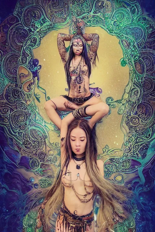 Prompt: a centered full body render of an alluring festival hippy with tribal tattoos wearing intricate metallic clothing surrounded by a underwater ink pour and flowing liquid gallium and sacred geometry, perfect body and face, gorgeous, cinematic, beautifully lit, by miho hirano, by karol bak, by donato giancola, 3 d, trending on artstation, octane render, 8 k