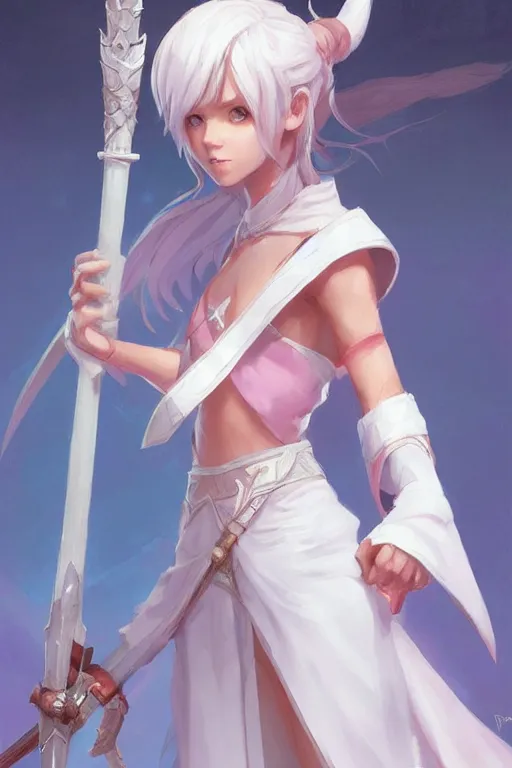 Image similar to 3 / 4 portrait of a cute white mage with a staff in mage armor, soft, pink and blue, artgerm and and greg rutkowski, trending on artstation