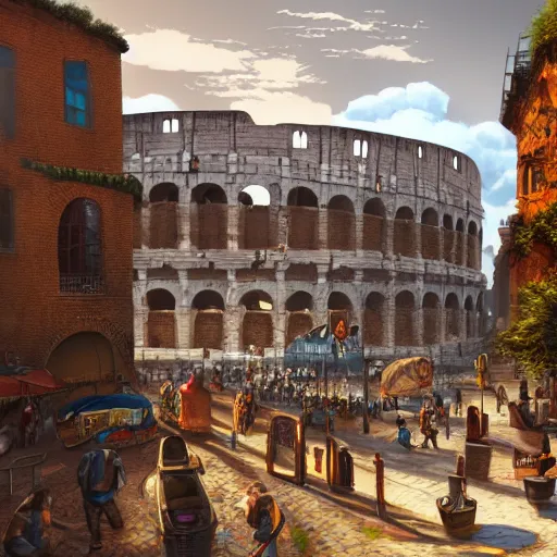 Image similar to bustling d & d city with a distant colosseum, first person street view, artstation