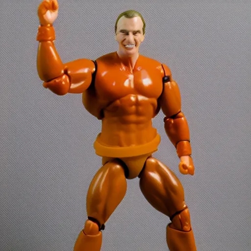 Image similar to 1980s plastic vinyl action figure toy of a L Ron Hubbard with muscular arms, studio photography isolated on a white background