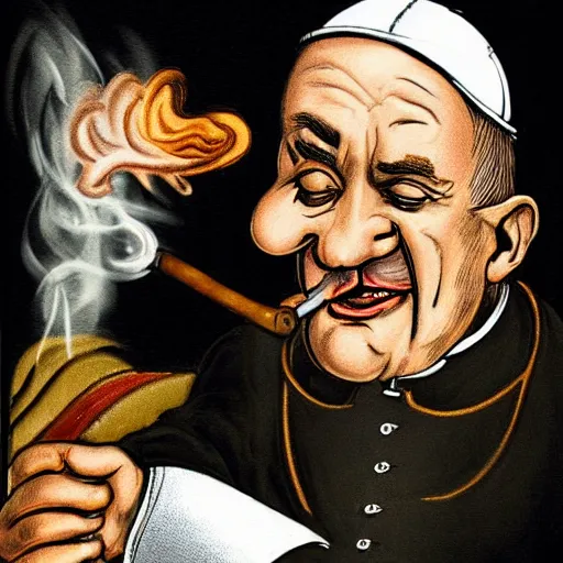 Prompt: a caricature of the pope smoking a cigar, drawing, caricature
