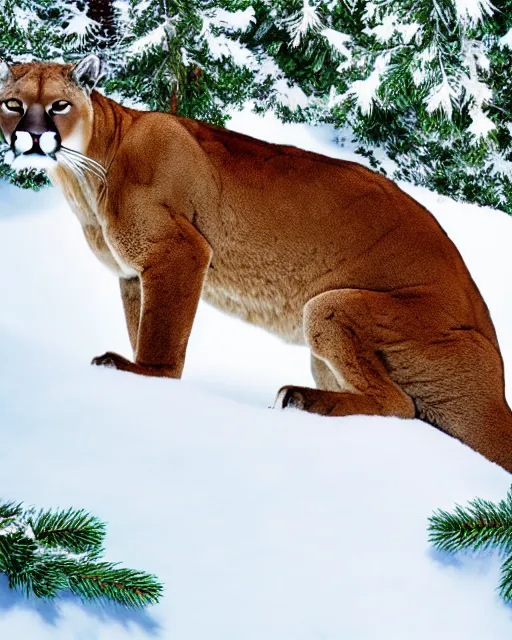 Image similar to magazine page showing 'a cougar sleeping in the middle of snowy pine tree' laying on coffee table, zoomed out shot, HD, iphone screenshot