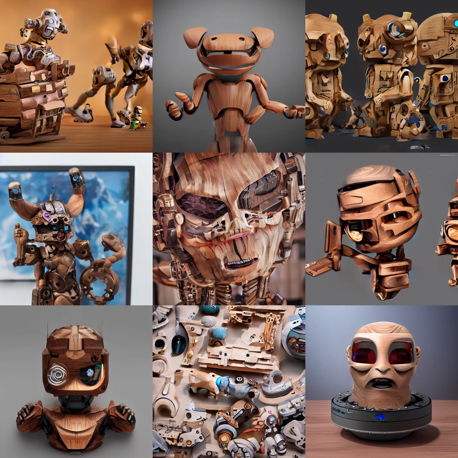 Prompt: ultra realistic 8k octa photo, wooden art toys on base , cute cyber gods , hyperdetailed, concept art ,art gallérie