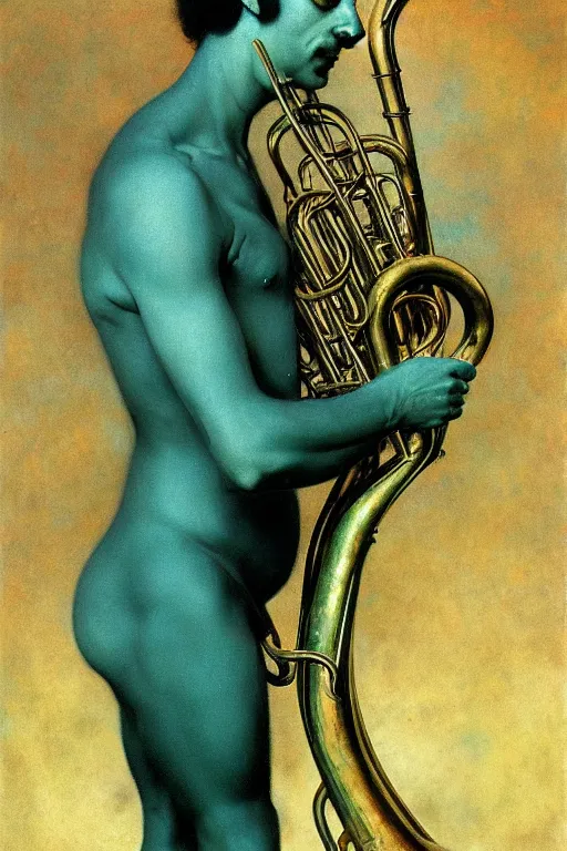 Image similar to tuba player, turquoise background in the style of wayne barlowe, gustav moreau, goward, bussiere, roberto ferri, santiago caruso, luis ricardo falero, austin osman spare